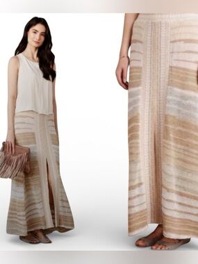 Anthropologie Cecilia Prado Glinted Gold Silver Knit Maxi Skirt Front Slit Sz L